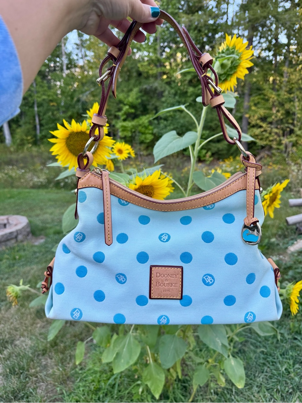 Dooney & Bourke Light Blue Polka Dot Shoulder Bag with Brown Trim